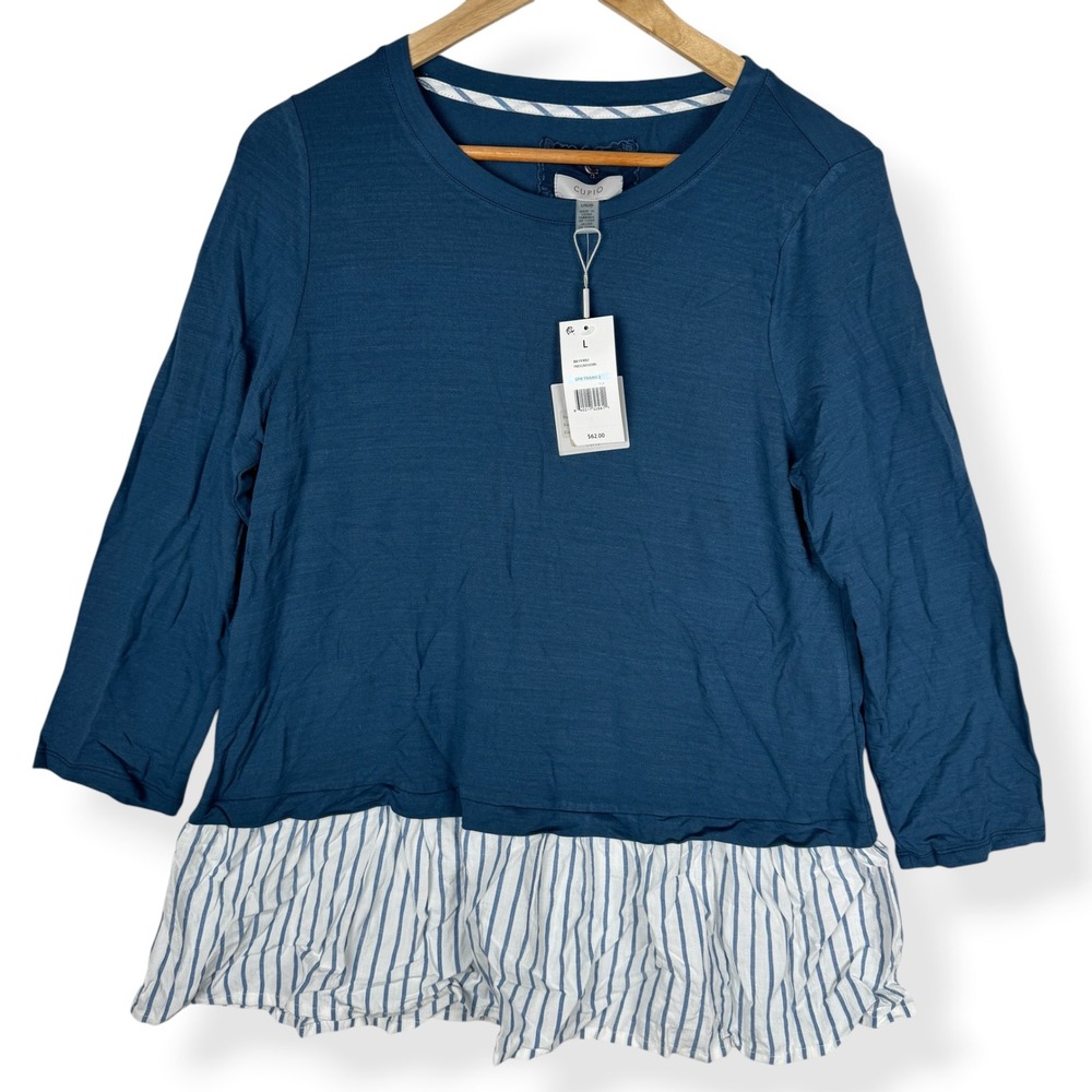 Cupio Blue Top Size Large Coastal Nautical Preppy Peplum Stripe Ruffle Hem NWT